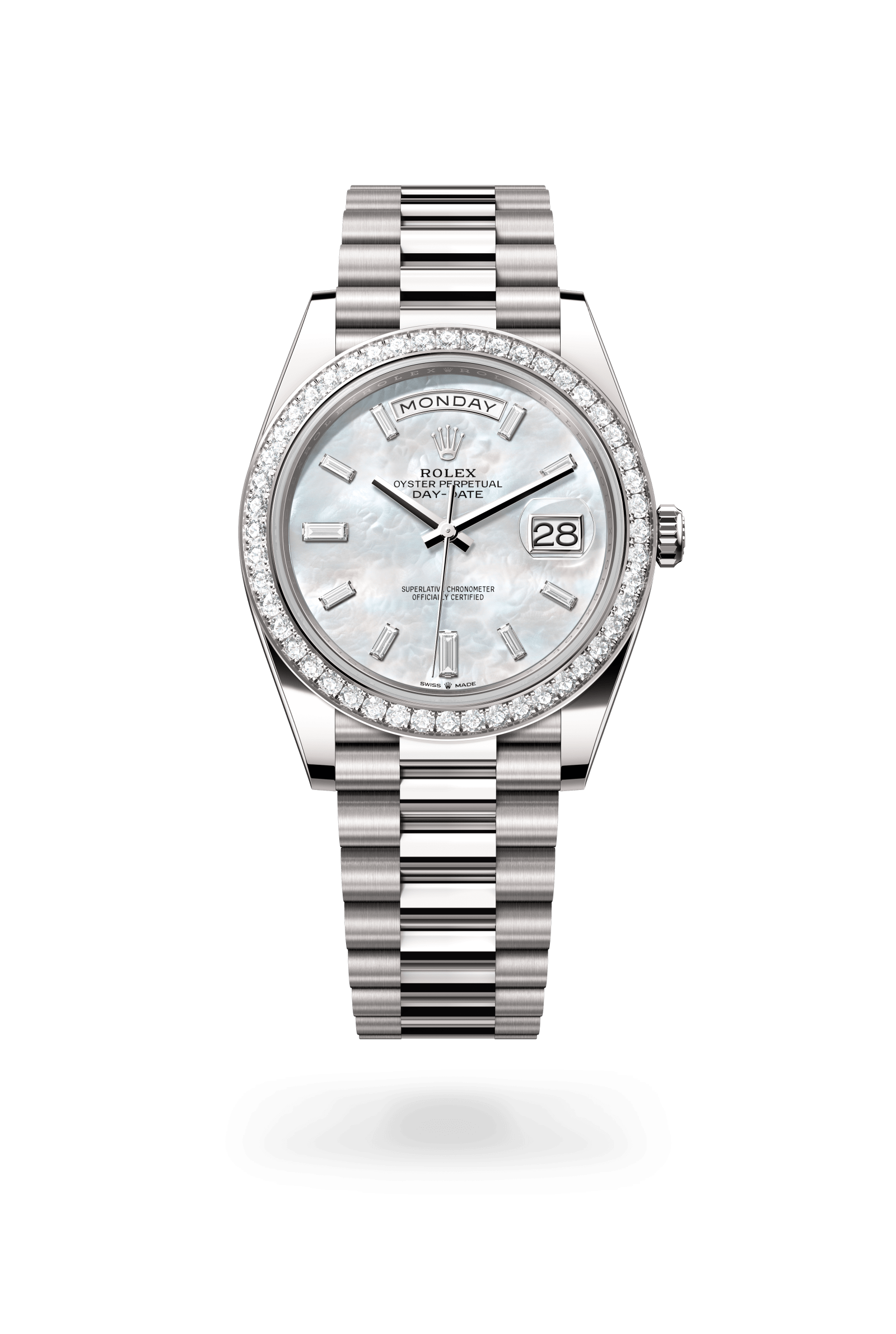 Rolex Oyster Perpetual Day-Date 40, 18 kt white gold, White mother-of-pearl set with diamonds dial 228349RBR-0046
