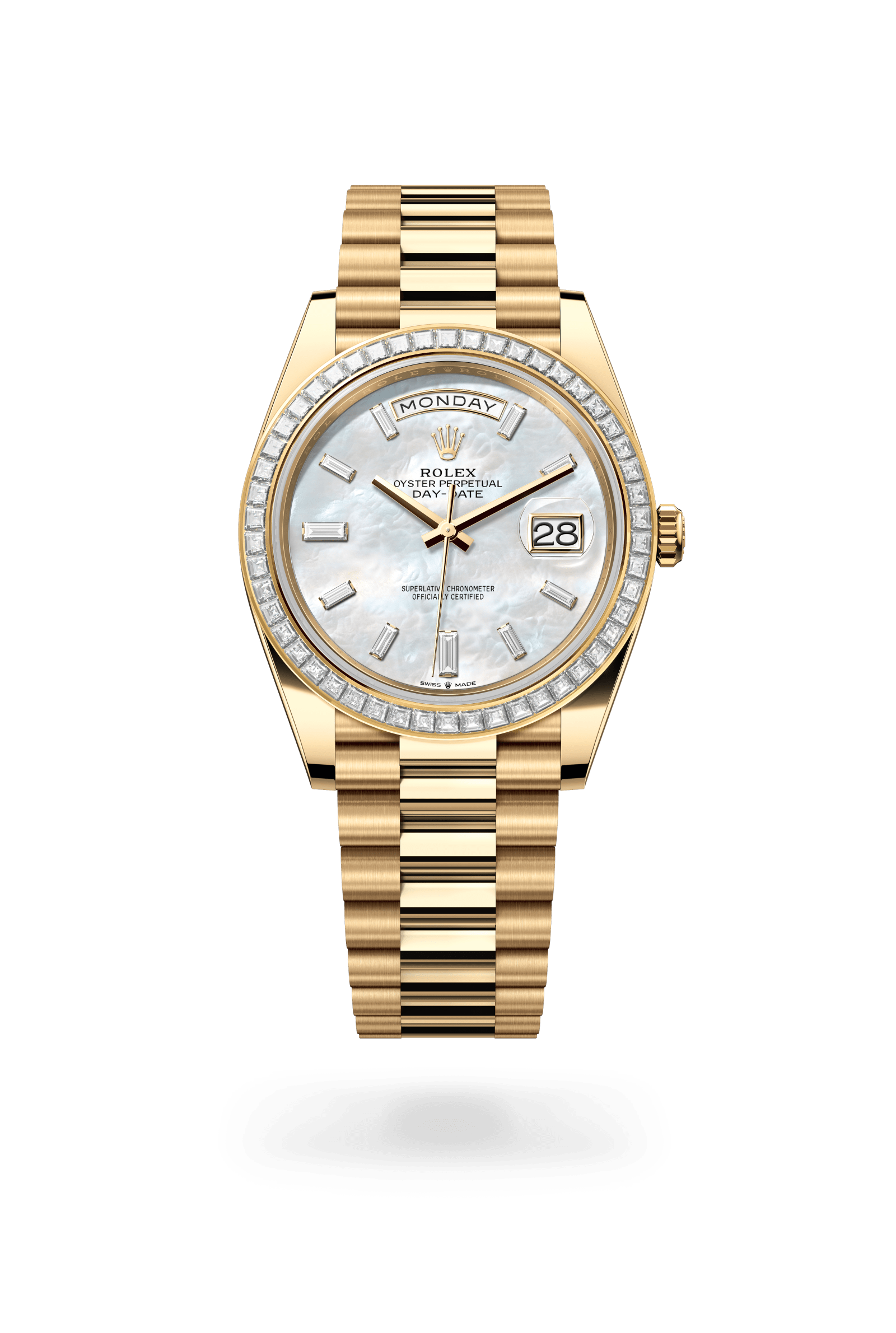 Rolex Oyster Perpetual Day-Date 40, 18 kt yellow gold, White mother-of-pearl set with diamonds dial 228398TBR-0043