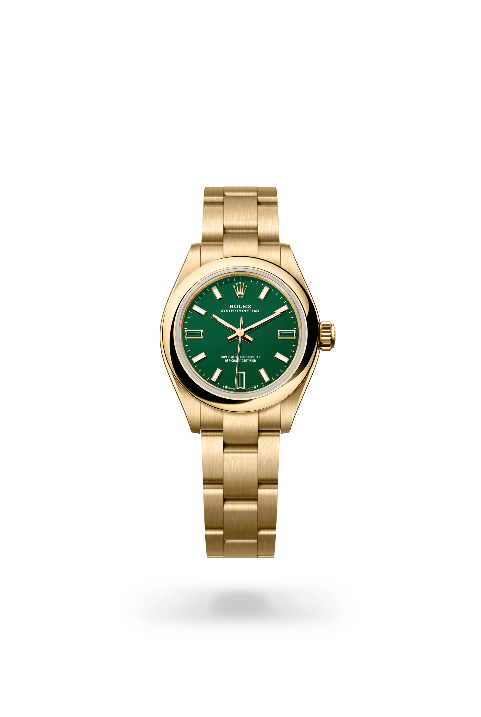 Rolex Oyster Perpetual 28, 18 kt yellow gold, Green stone (natural heliotrope) dial 276208-0002