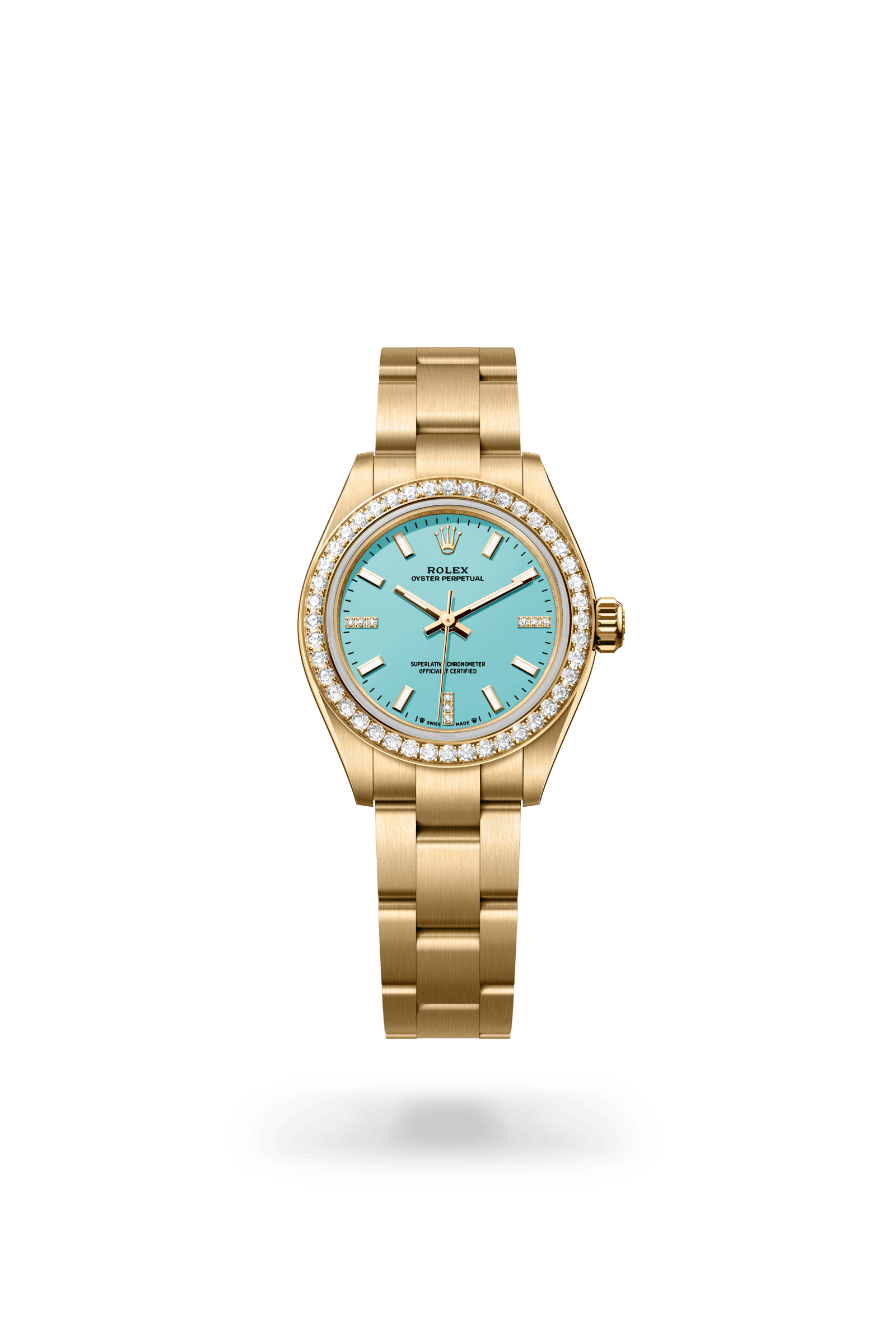 Rolex Oyster Perpetual 28, 18 kt yellow gold, Turquoise blue set with diamonds dial 276248RBR-0001