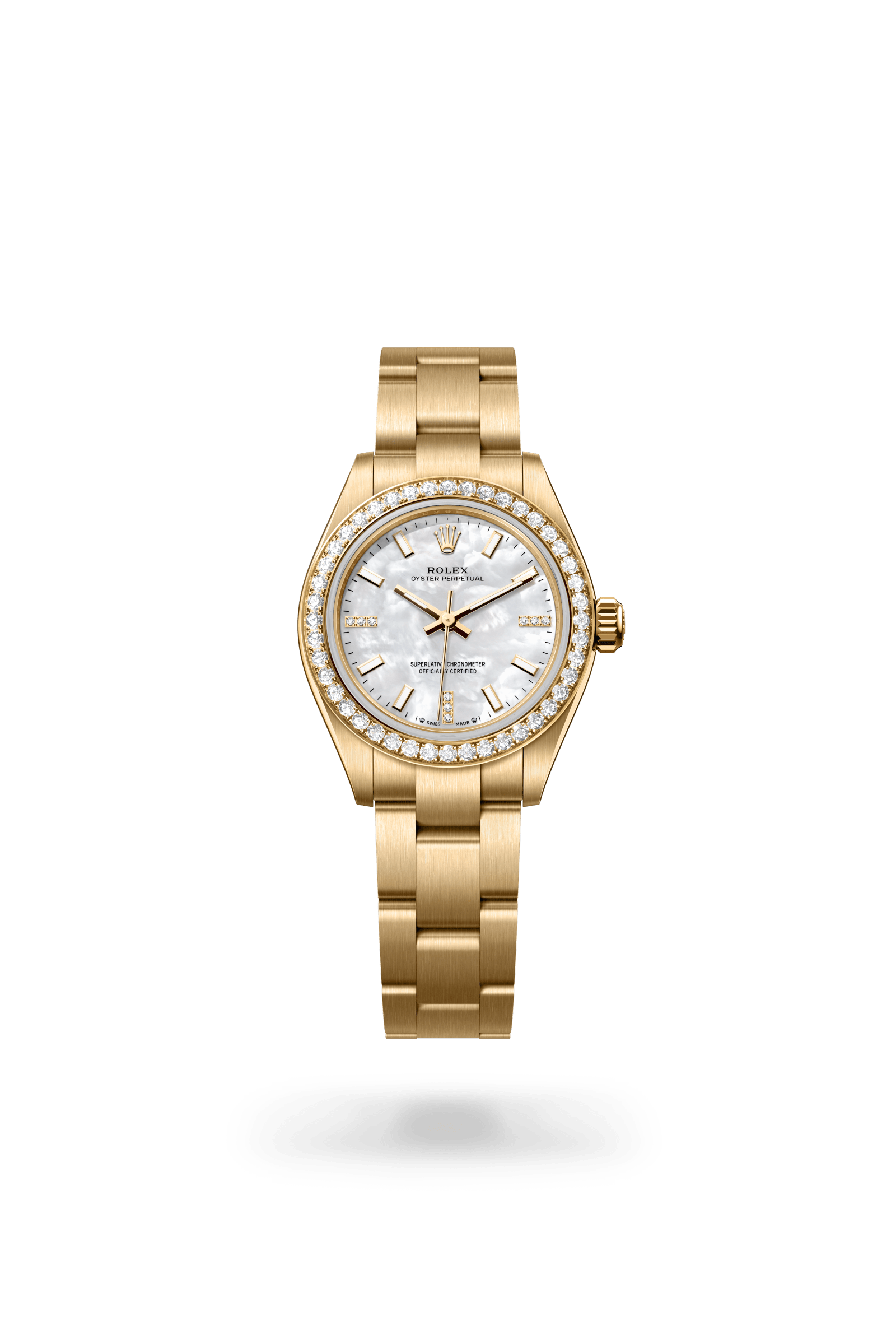 Rolex Oyster Perpetual 28, 18 kt yellow gold, White mother-of-pearl set with diamonds dial 276248RBR-0002