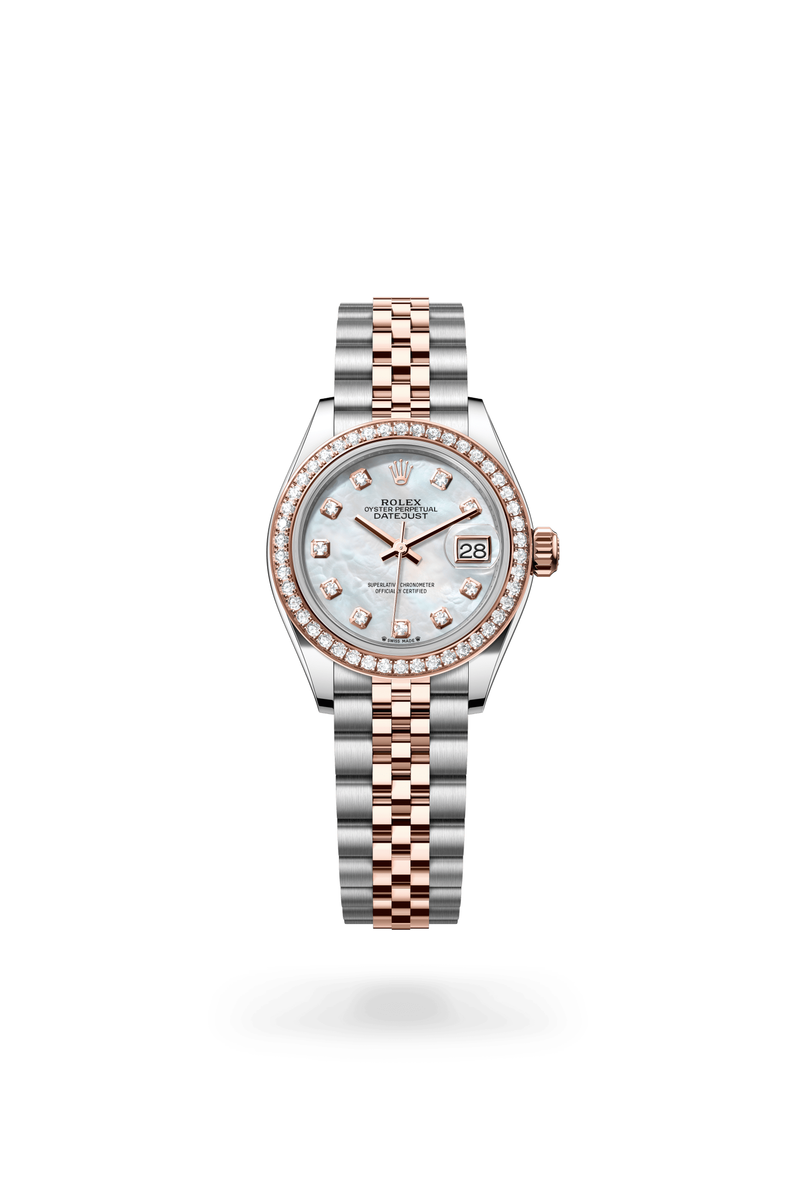 Rolex Lady-Datejust Oyster, 28 mm, Oystersteel, Everose gold and diamonds, Everose Rolesor, White mother-of-pearl dial 279381rbr-0013