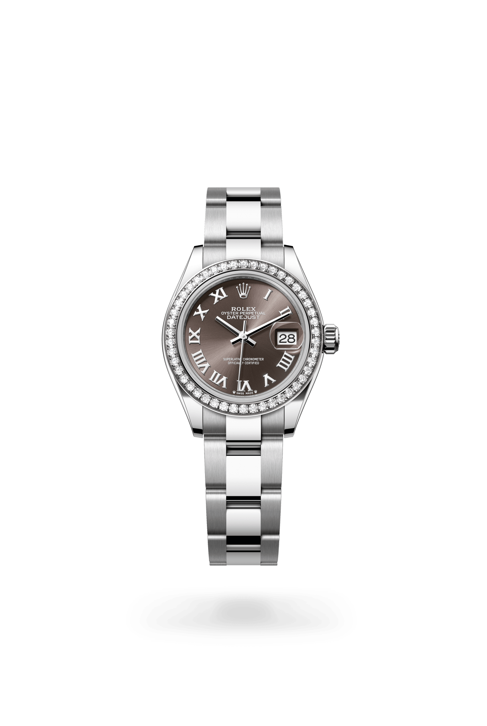 Rolex Lady-Datejust Oyster, 28 mm, Oystersteel, white gold and diamonds, White Rolesor, Dark grey dial 279384RBR-0016