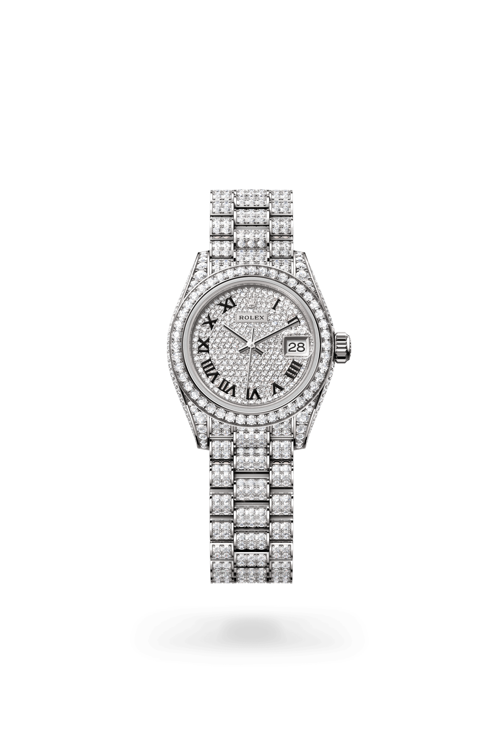 Rolex Lady-Datejust Oyster, 28 mm, white gold and diamonds, 18 kt white gold, case sides and lugs set with diamonds, Diamond-paved dial 279459RBR-0001