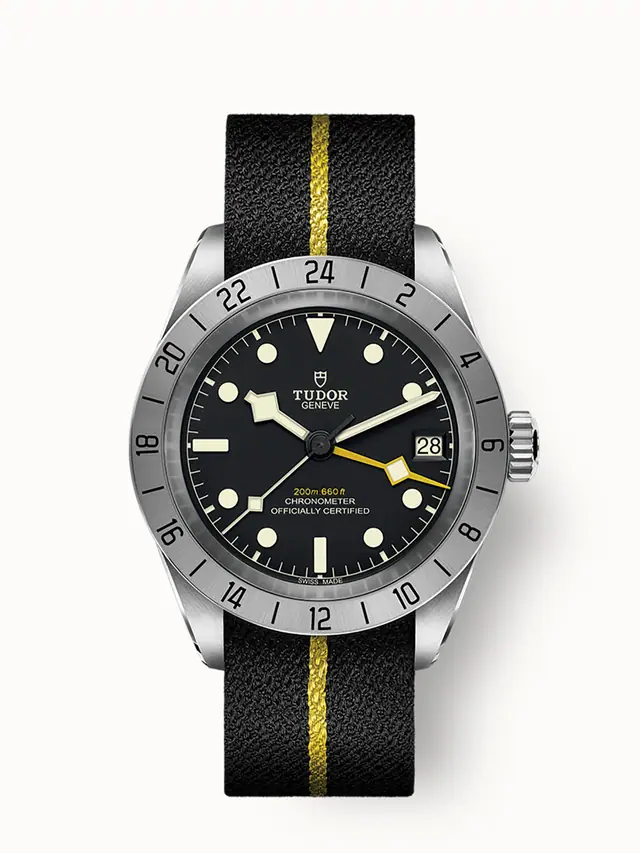 Tudor Black Bay Pro, 39mm steel case, Black fabric strap with yellow band 79470-0002