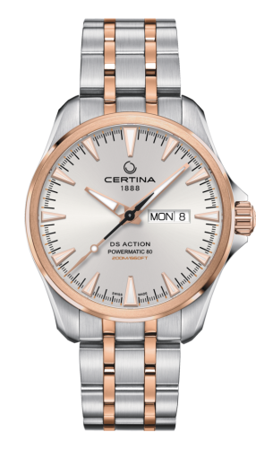 Certina DS Action Powermatic 80 Day-Date Stainless Steel / Rose Gold PVD / Silver / Bracelet C032.430.22.031.00
