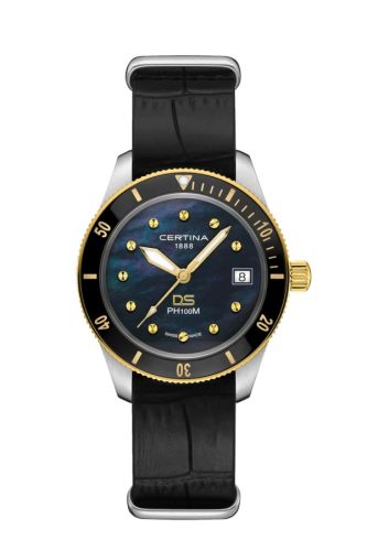 Certina DS PH100M Lady Stainless Steel - Yellow Gold / Black MOP / NATO C044.210.26.051.00