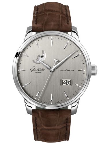 Glashutte Original Senator Excellence Panorama Date Moonphase Stainless Steel / Grey / Alligator - Pin 1-36-04-03-02-02