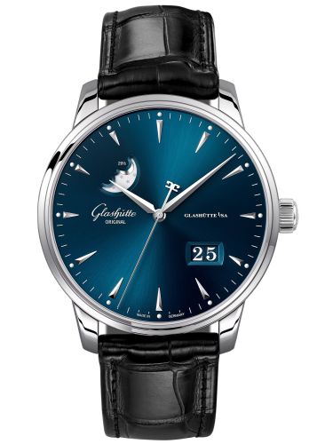 Glashutte Original Senator Excellence Panorama Date Moonphase Stainless Steel / Blue / Alligator - Pin 1-36-04-04-02-01