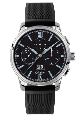 Glashutte Original Senator Chronograph Panorama Date Stainless Steel / Black / Rubber / Pin 1-37-01-03-02-06
