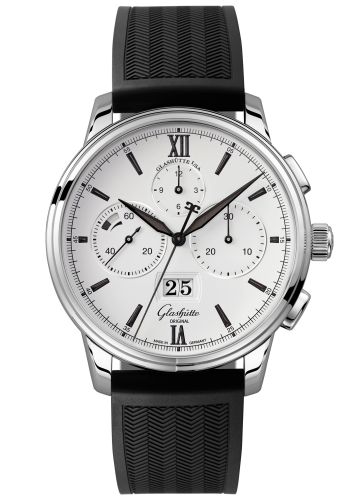 Glashutte Original Senator Chronograph Panorama Date Stainless Steel / Silver / Rubber / Pin 1-37-01-05-02-06