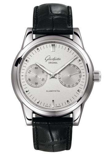 Glashutte Original Senator Hand Date Stainless Steel / Silver Alligator / Pin 1-39-58-02-02-04