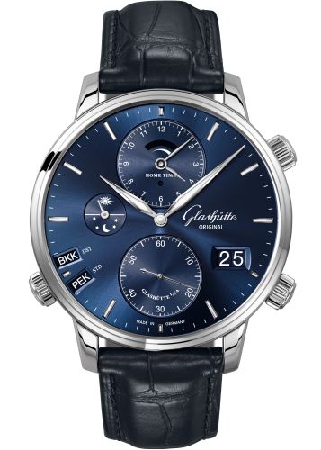 Glashutte Original Senator Cosmopolite Stainless Steel / Blue / Alligator / Pin 1-89-02-05-02-01