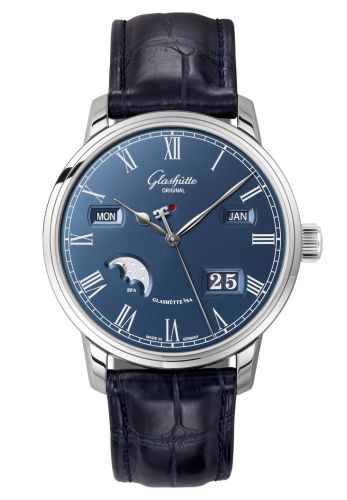 Glashutte Original Senator Perpetual Calendar Stainless Steel / Blue / Alligator / Pin 100-02-07-12-01