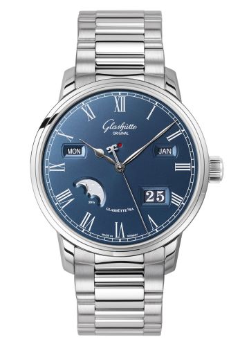 Glashutte Original Senator Perpetual Calendar Stainless Steel / Blue / Bracelet 100-02-07-12-70