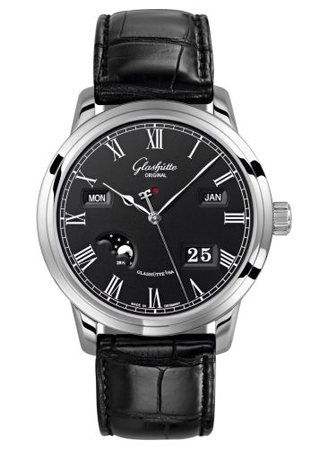 Glashutte Original Senator Perpetual Calendar Stainless Steel / Black / Alligator / Folding 100-02-25-12-50
