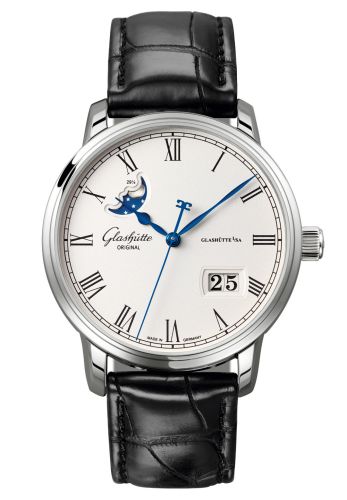 Glashutte Original Senator Panorama Date Moon Phase Stainless Steel / Silver / Alligator / Folding 100-04-32-12-50
