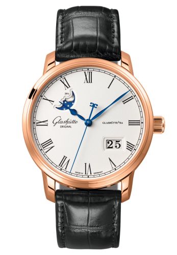 Glashutte Original Senator Panorama Date Moon Phase Red Gold / Silver / Alligator / Pin 100-04-32-15-01