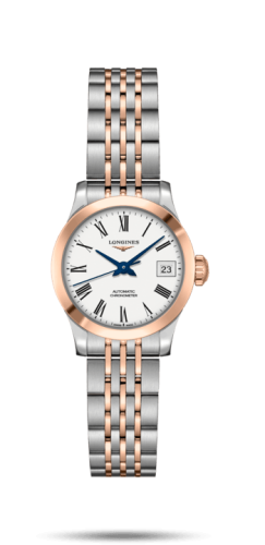 Longines Record 26mm Stainless Steel / Pink Gold / White-Roman / Bracelet L2.320.5.11.7