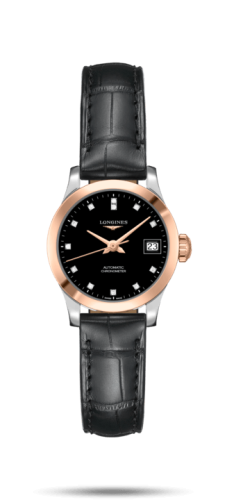 Longines Record 26mm Stainless Steel / Pink Gold / Black-Diamond / Alligator L2.320.5.57.2