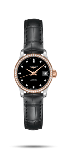 Longines Record 26mm Stainless Steel / Pink Gold / Diamond / Black-Diamond / Alligator L2.320.5.59.2