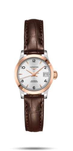 Longines Record 26mm Stainless Steel / Pink Gold / Silver-Arabic / Alligator L2.320.5.76.2