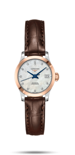 Longines Record 26mm Stainless Steel / Pink Gold / MOP-Diamond / Alligator L2.320.5.87.2