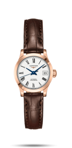 Longines Record 26mm Stainless Pink Gold / White-Roman / Alligator L2.320.8.11.2