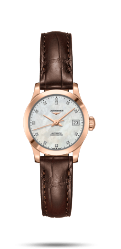 Longines Record 26mm Stainless Pink Gold / MOP-Diamond / Alligator L2.320.8.87.2