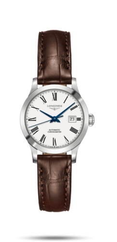 Longines Record 30mm Stainless Steel / White-Roman / Alligator L2.321.4.11.2