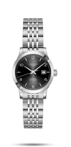 Longines Record 30mm Stainless Steel / Black-Arabic / Bracelet L2.321.4.56.6
