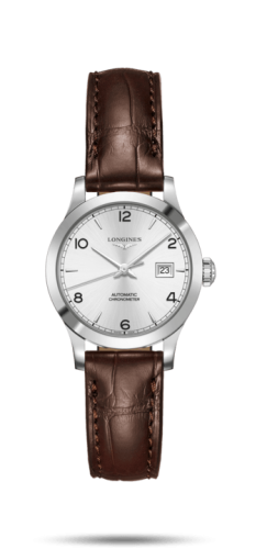 Longines Record 30mm Stainless Steel / Silver-Arabic / Alligator L2.321.4.76.2