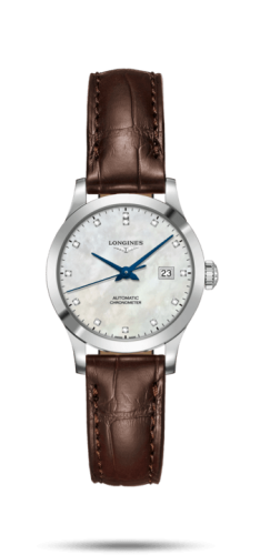 Longines Record 30mm Stainless Steel / MOP-Diamond / Alligator L2.321.4.87.2