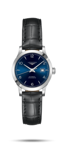 Longines Record 30mm Stainless Steel / Blue-Arabic / Alligator L2.321.4.96.2