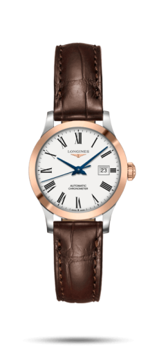 Longines Record 30mm Stainless Steel / Pink Gold / White-Roman / Alligator L2.321.5.11.2