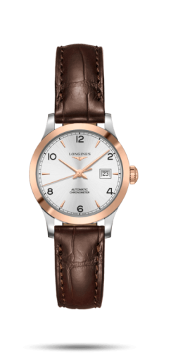 Longines Record 30mm Stainless Steel / Pink Gold / Silver-Arabic / Alligator L2.321.5.76.2