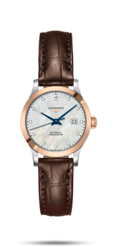 Longines Record 30mm Stainless Steel / Pink Gold / MOP-Diamond / Alligator L2.321.5.87.2