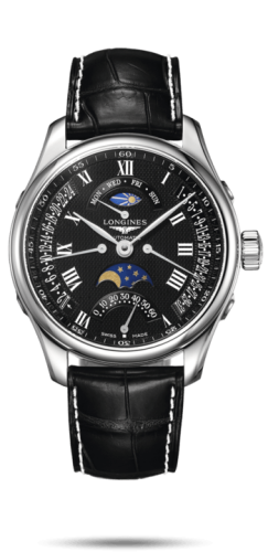 Longines Master Collection 44 Retrograde Moonphase Stainless Steel / Black-Roman / Alligator L2.739.4.51.7