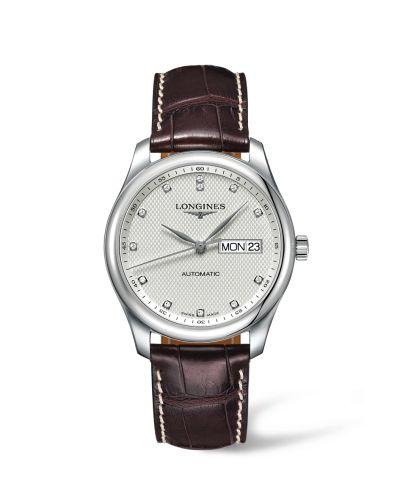 Longines Master Collection 38.5 Day Date Stainless Steel / Silver-Diamond / Alligator XL L2.755.4.77.5