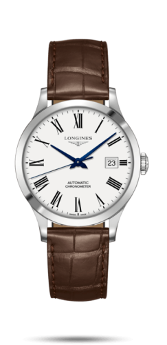 Longines Record 38.5mm Stainless Steel / White-Roman / Alligator L2.820.4.11.2