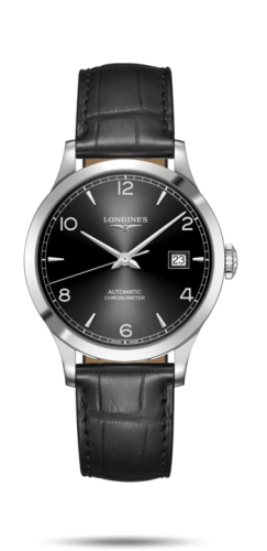 Longines Record 38.5mm Stainless Steel / Black-Arabic / Alligator L2.820.4.56.2