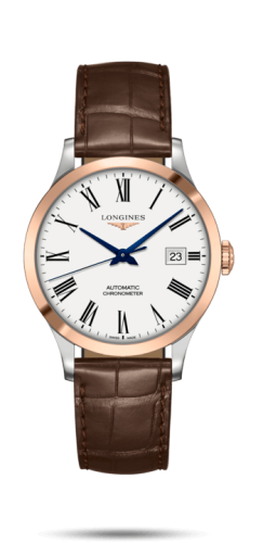 Longines Record 38.5mm Stainless Steel / Pink Gold / White-Roman / Alligator L2.820.5.11.2