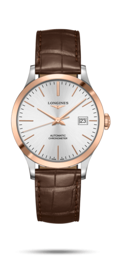 Longines Record 38.5mm Stainless Steel / Pink Gold / Silver / Alligator L2.820.5.72.2