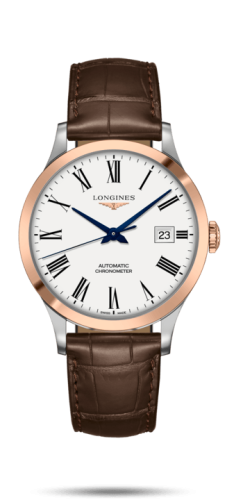 Longines Record 40mm Stainless Steel / Pink Gold / White-Roman / Alligator L2.821.5.11.2