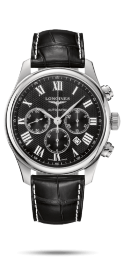 Longines Master Collection 44 Chronograph Stainless Steel / Black-Roman / Alligator L2.859.4.51.7
