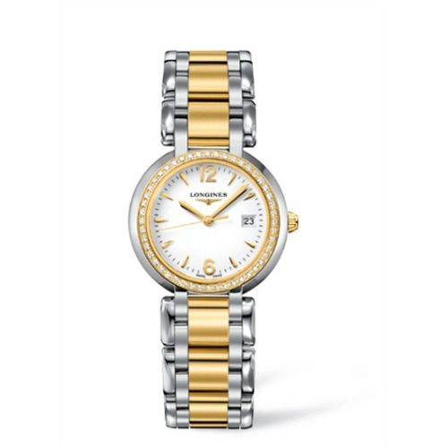 Longines PrimaLuna Quartz 30 Stainless Steel / Yellow Gold / Diamond / White / Bracelet L8.112.5.94.6