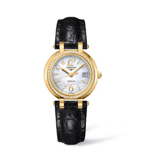 Longines PrimaLuna Automatic 30 Yellow Gold Diamond Leather Funky MOP L8.113.7.83.2