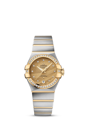 Omega Constellation Co-Axial 27 Brushed Stainless Steel / Yellow Gold / Diamond Bezel / Champagne Feather 123.25.27.20.58.002