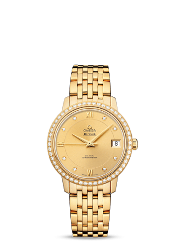 Omega De Ville Prestige Co-Axial 32.7 Yellow Gold / Diamond / Champagne / Bracelet 424.55.33.20.58.001