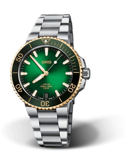 Oris Aquis Date Calibre 400 41.5 Staineless Steel - Yellow Gold / Green / Bracelet 01 400 7769 6357-07 8 22 09PEB